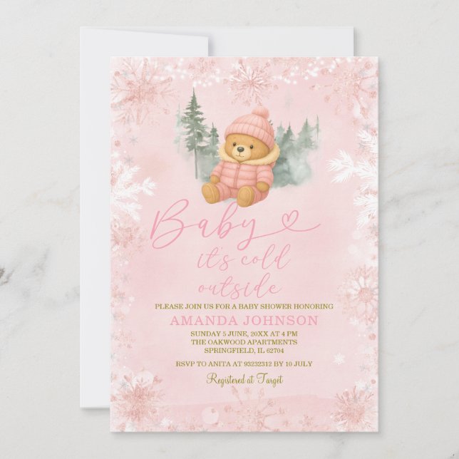 Pink Winter Girl Bear Baby It's Cold Outside  Invitation (Front)