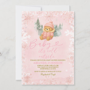 Pink Winter Girl Bear Baby It's Cold Outside Invitation