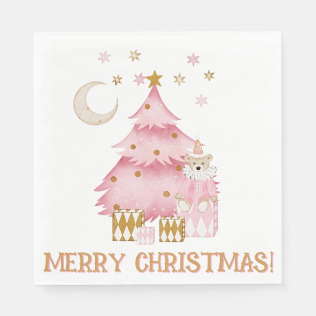 Pink winter holiday candy cotton bear napkin (Front)