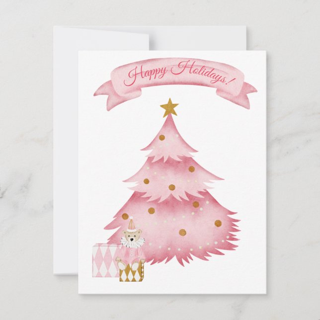 Pink winter holidays kids  holiday card (Front)