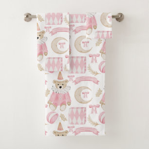 Pink winter holidays kids teddy bear bath towel set