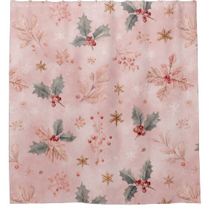 Pink Winter - Holly Leaves and Snowflakes