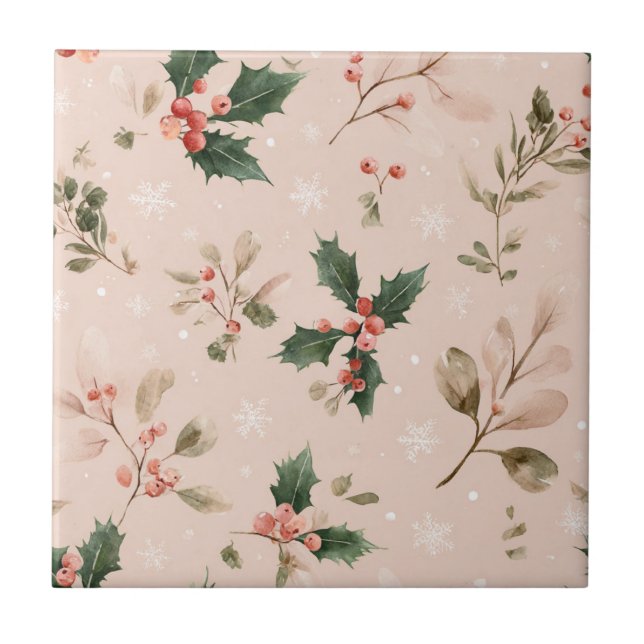Pink Winter - Holly Leaves and Snowflakes (2) Tile (Front)