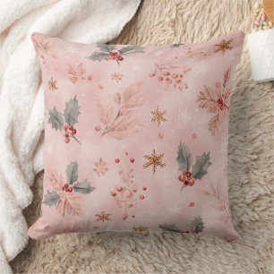Pink Winter - Holly Leaves and Snowflakes Throw Pillow
