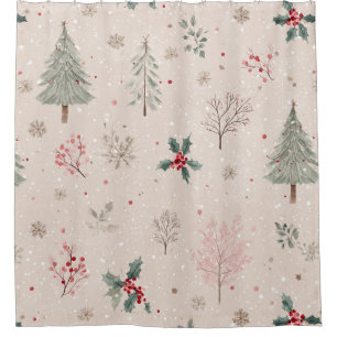 Pink Winter - Holly Leaves, Pine Tree, Snowflakes