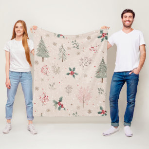 Pink Winter - Holly Leaves, Pine Tree, Snowflakes Fleece Blanket