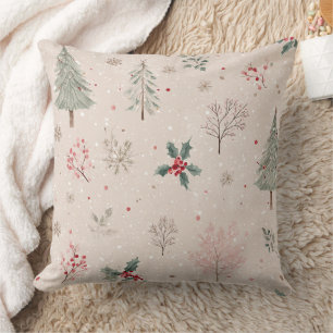 Pink Winter - Holly Leaves, Pine Tree, Snowflakes Throw Pillow