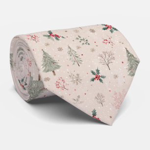 Pink Winter - Holly Leaves, Pine Tree, Snowflakes Tie