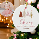 Pink Winter Onderland Girl 1st Birthday  Ceramic Ornament<br><div class="desc">Pink Winter Wonderland Girl 1st Birthday  Invitations
Pink christmas trees theme is perfect for minimal and modern birthday party! Choose our pastel blush rainbow design for your kids 1st birthday party.</div>