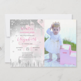 Pink Winter Onederland Birthday Invitation Photo