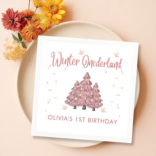 Pink Winter Onederland Christmas Tree Birthday Napkin (Creator Uploaded)