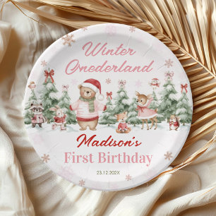 Pink Winter Onederland Forest Girl Birthday Paper Plate