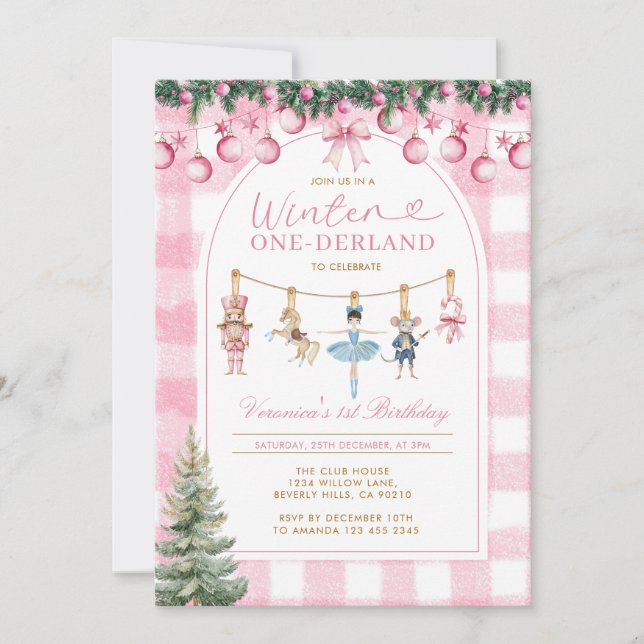 Pink Winter Onederland Girl Nutcracker Birthday  Invitation (Front)