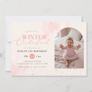 Pink Winter Onederland Kid Arch Photo 1st Birthday Invitation