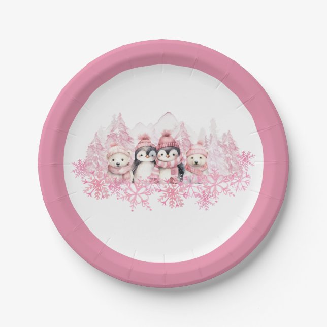 Pink Winter ONEderland Paper Plate (Front)