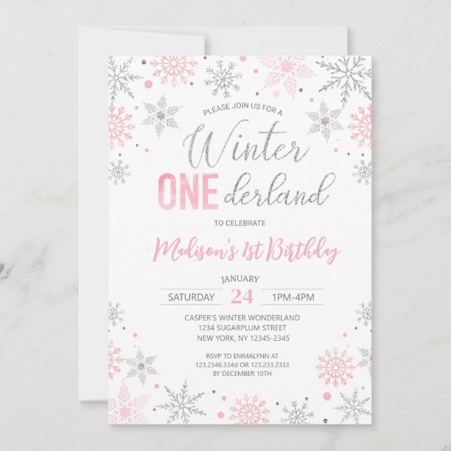 Pink Winter Onederland Snowflakes First Birthday Invitation (Front)