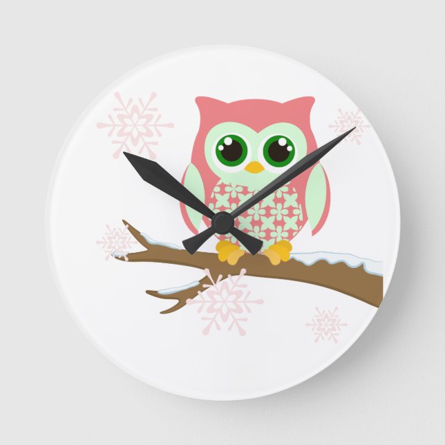 Pink winter owl round clock (Front)