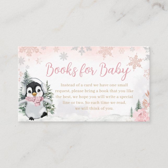 Pink Winter Penguin Baby Shower Books for Baby Enclosure Card (Front)