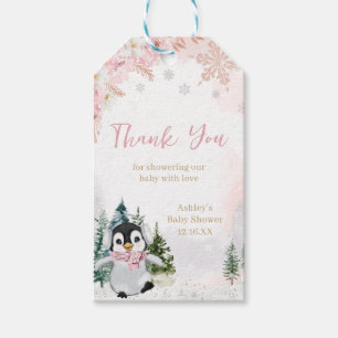 Pink Winter Penguin Baby Shower Favour Tags