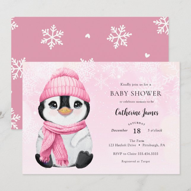 Pink Winter Penguin Baby Shower invitation (Front/Back)