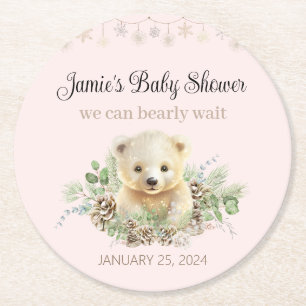 Pink Winter Polar Bear Gender Neutral Baby Shower Round Paper Coaster