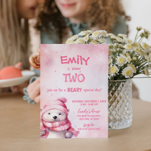 Pink Winter Polar Bear Snowflakes Birthday Party Invitation