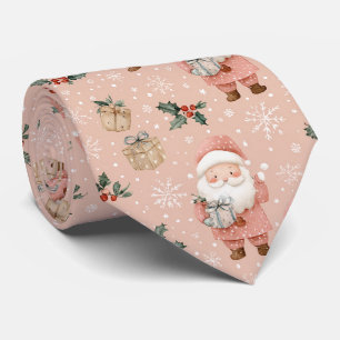 Pink Winter - Santa Claus, Snowflakes, Holly (1) Tie