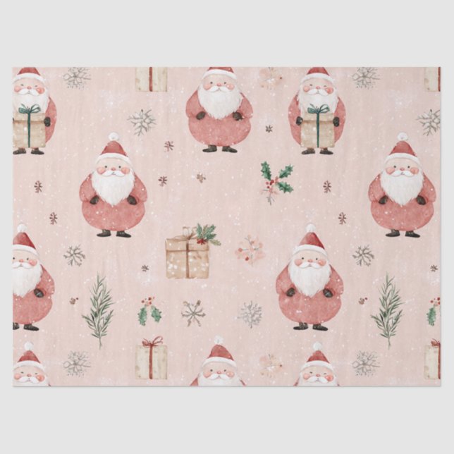 Pink Winter - Santa Claus, Snowflakes, Holly (3) Tissue Paper (Front)