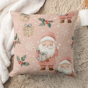 Pink Winter - Santa Claus, Snowflakes, Holly Throw Pillow