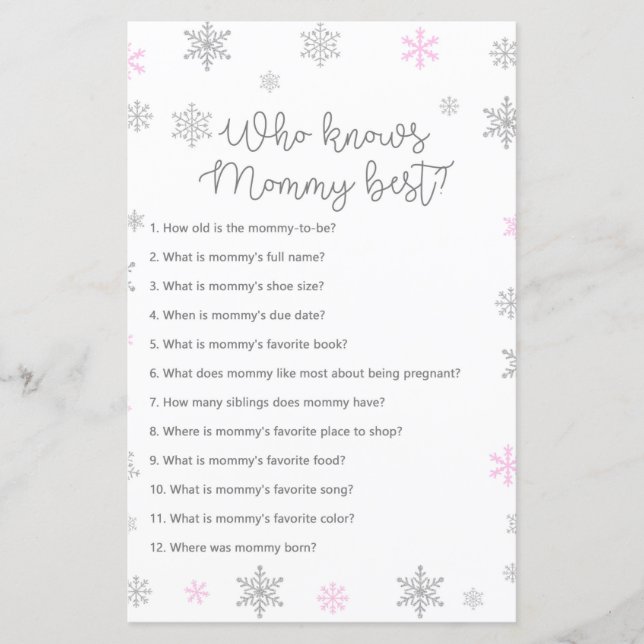 Pink Winter Snowflake Baby Shower Game PRINTED (Front)