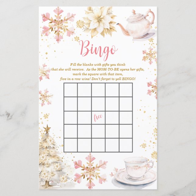 Pink Winter Tea Party Baby Shower Bingo Game (Front)