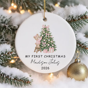Pink Winter Teddy Bear Baby's First Christmas Ceramic Ornament