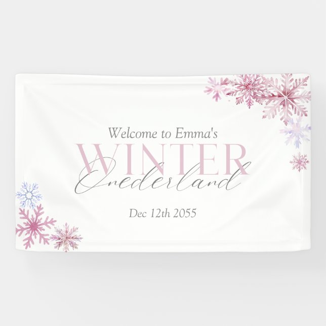 Pink Winter Wonderland Snowflake First Birthday Banner (Horizontal)