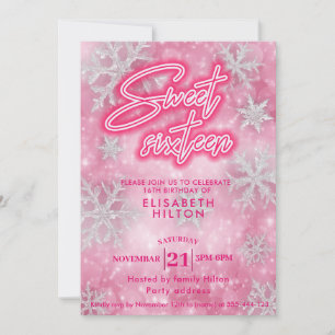 Pink Winter wonderland snowflakes  sweet 16 Invitation