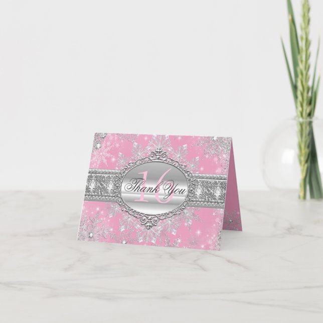 Pink Winter Wonderland Sweet 16 Thank You Card (Front)