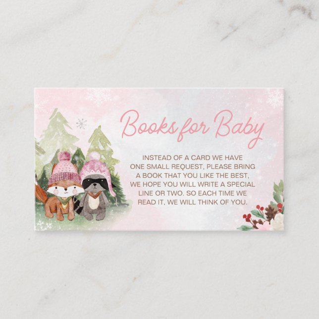 Pink Winter Woodland Baby Shower Books for Baby Enclosure Card (Front)