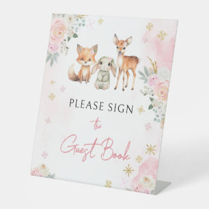 Pink winter woodland baby shower guest book sign