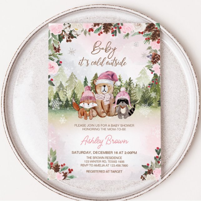 Pink Winter Woodland Baby Shower Invitation (Pink Floral Winter Baby Shower Invitation)