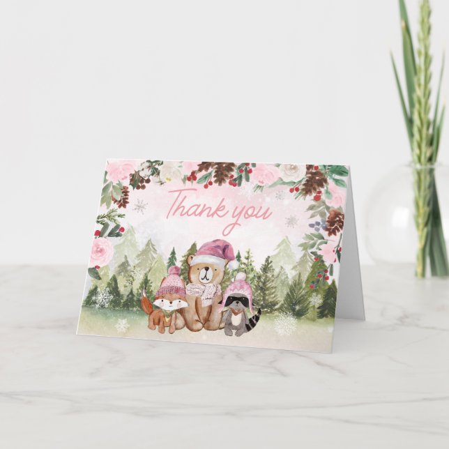 Pink Winter Woodland Baby Shower Thank You Card (Front)