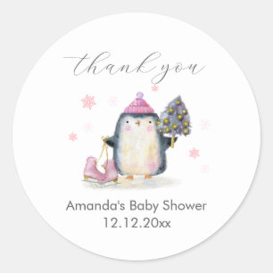 Pink Winter Woodland Skate Penguin Baby Shower Classic Round Sticker