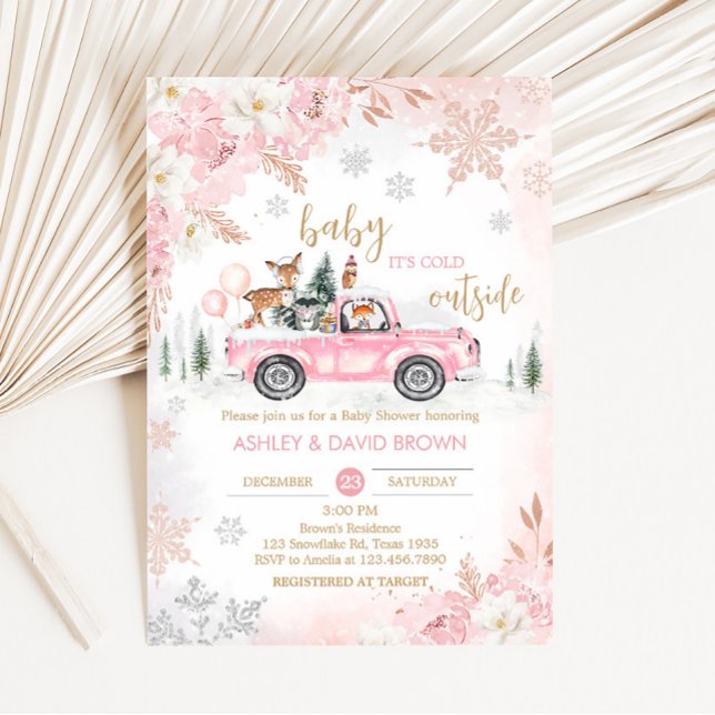Pink Winter Woodland Truck Baby Shower Invitation (Pink Baby It's Cold Outside Baby Shower Invitation)