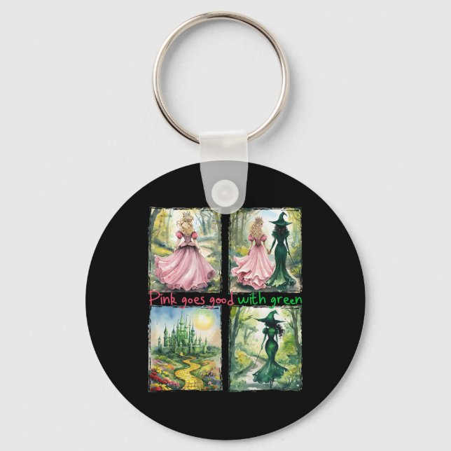 Pink Witch Goes Good With Green Halloween Witch Wo Keychain (Front)