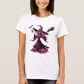 Pink Witch with Tall Hat and Wand - Halloween Desi T-Shirt