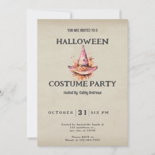 Pink Witches Hat with Flowers Vintage Halloween Invitation