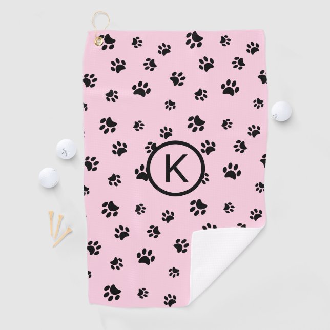 Pink with Black Paw Prints Monogram Golf Towel (InSitu)