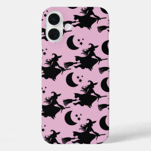 PINK WITH BLACK WITCHES FLYING ON BROOKSTICKS iPhone 16 PLUS CASE