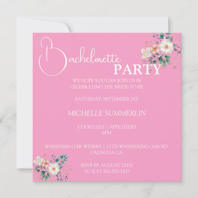 Pink with Flowers Bachelorette Party Invitation (Devant)