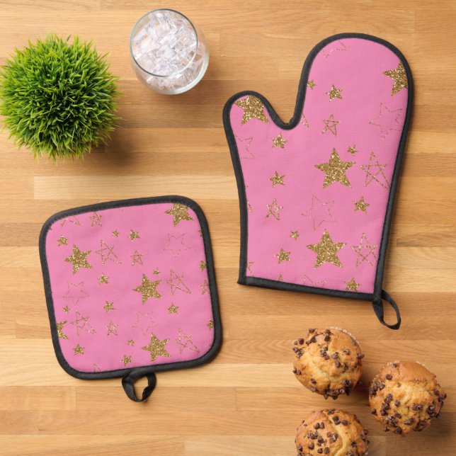 Pink with Gold Stars Oven Mitt & Pot Holder Set (Top Down)