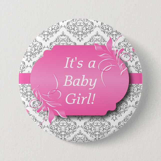 Pink with Grey Damask Pattern 3 Inch Round Button (Front)