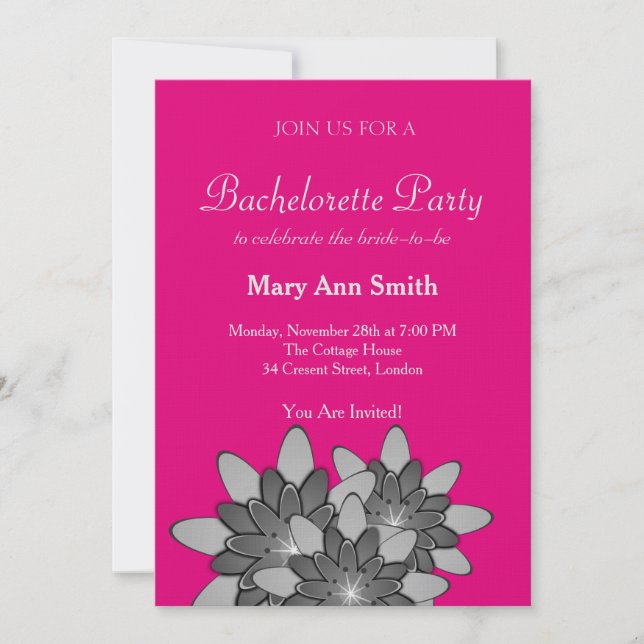 Pink with Grey Floral Lotus Bachelor Party Invitation (Front)